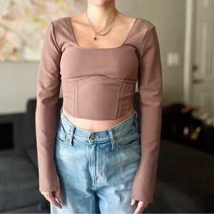 Abercrombie & Fitch Long Sleeve Corset Scoop Neck Top - Taupe Brown - Size S